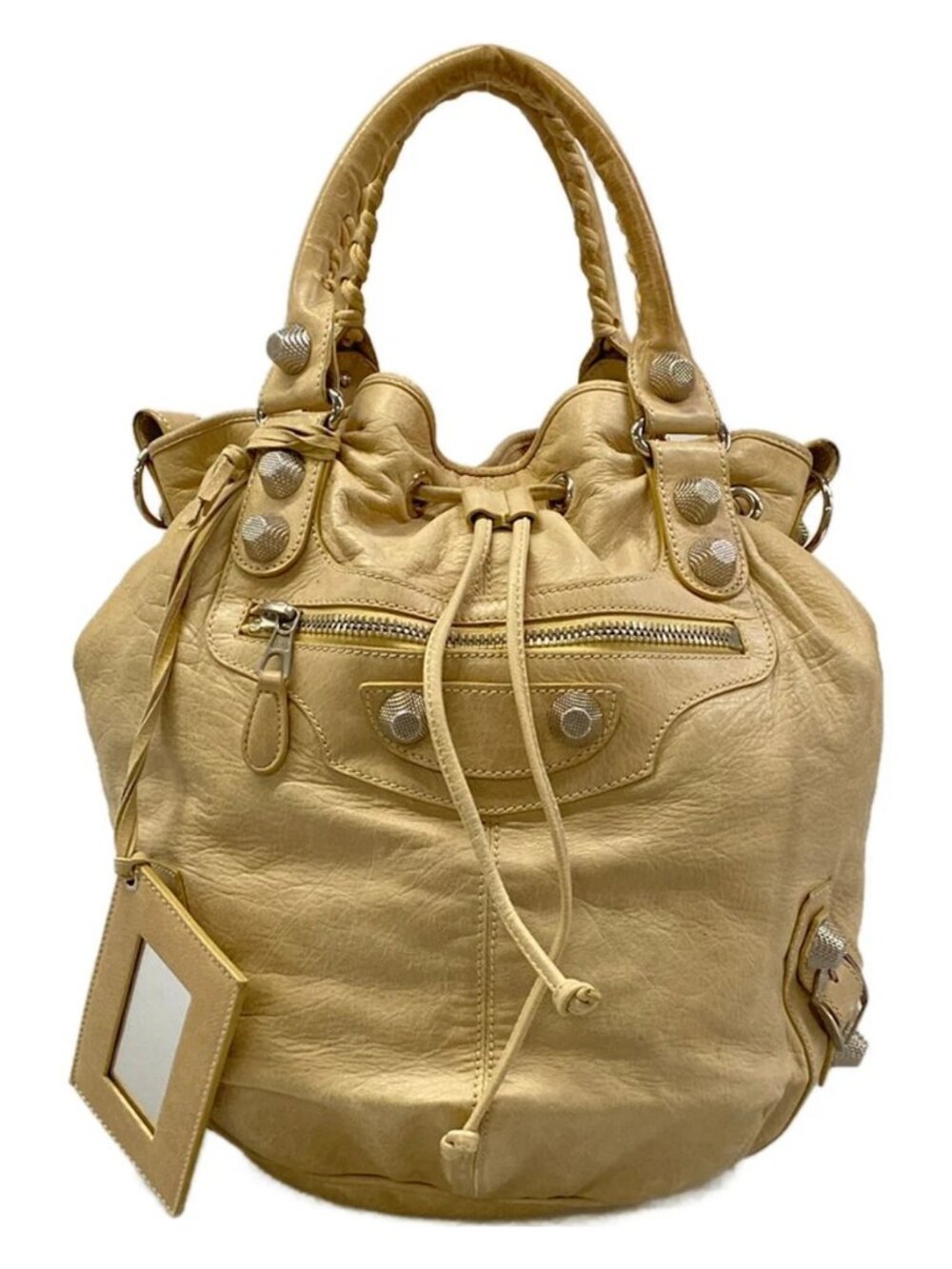 BALENCIAGA This Giant Pom-Pom 203069 Beige Leather Handbag
